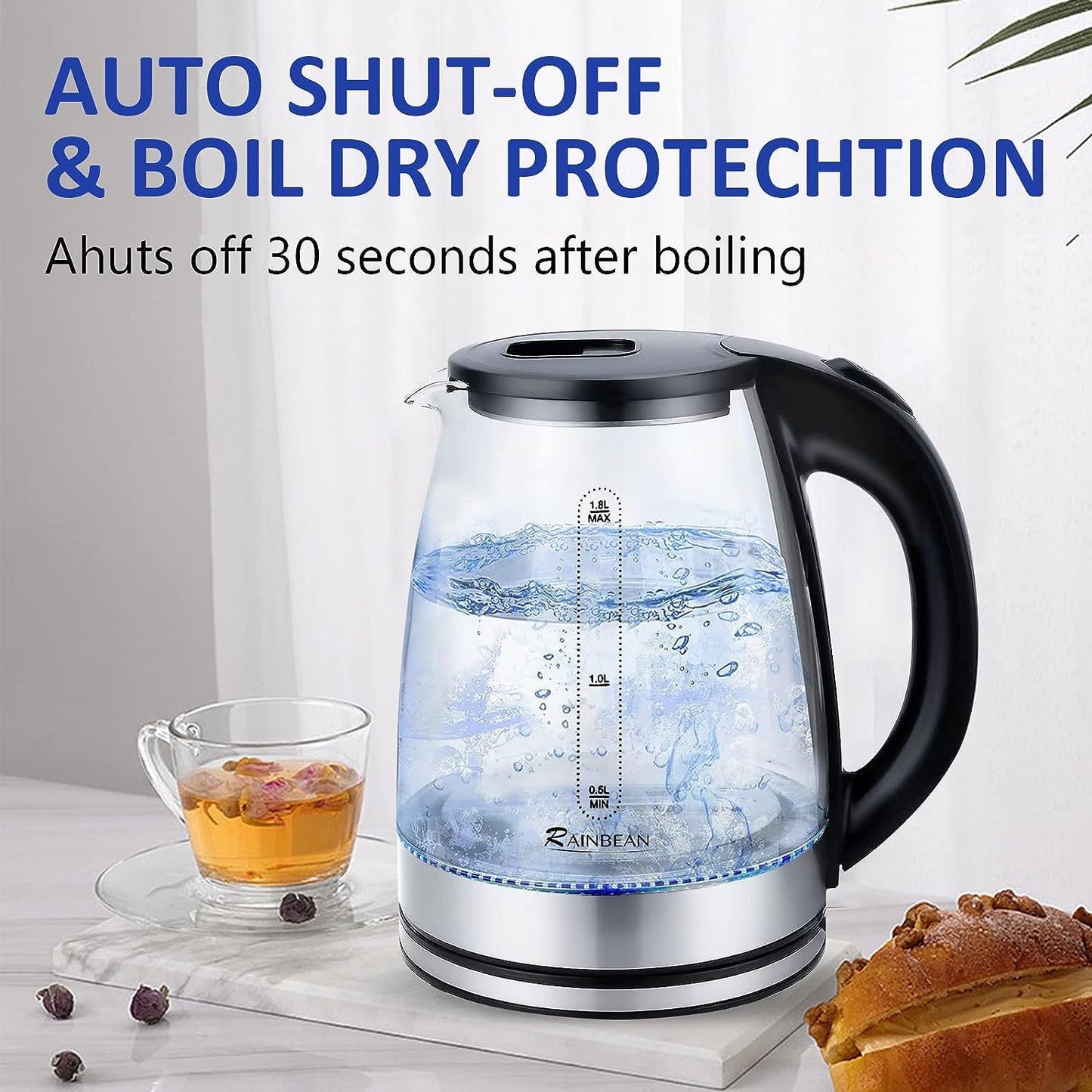 1.8L Electric Glass Kettle with LED & Auto Shut-Off