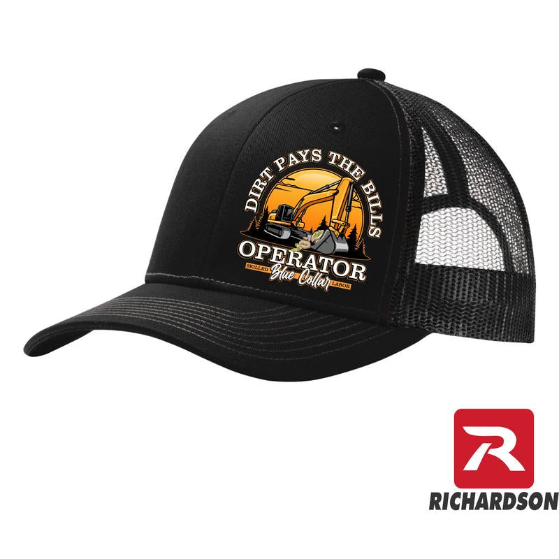 Richardson 112 Dirt Pays the Bills Operator Blue Collar Series Snapback Hat - Structured Mid-Pro Profile with Orange Mesh Back & Adjustable Plastic Snapback