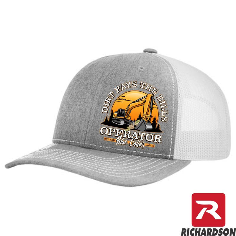Richardson 112 Dirt Pays the Bills Operator Blue Collar Series Snapback Hat - Structured Mid-Pro Profile with Orange Mesh Back & Adjustable Plastic Snapback