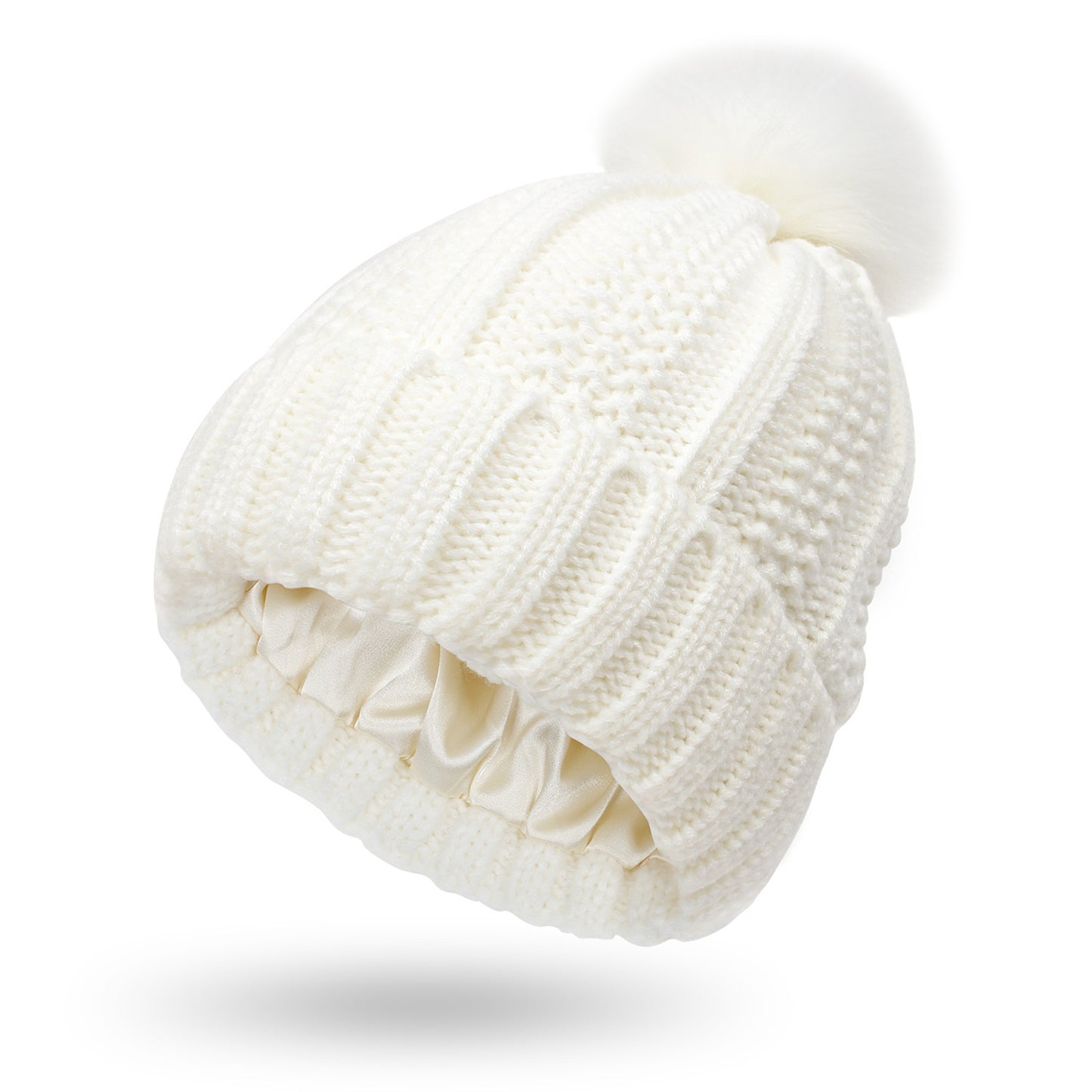 Women’s Satin-Lined Knit Beanie with Faux Fur Pom Pom