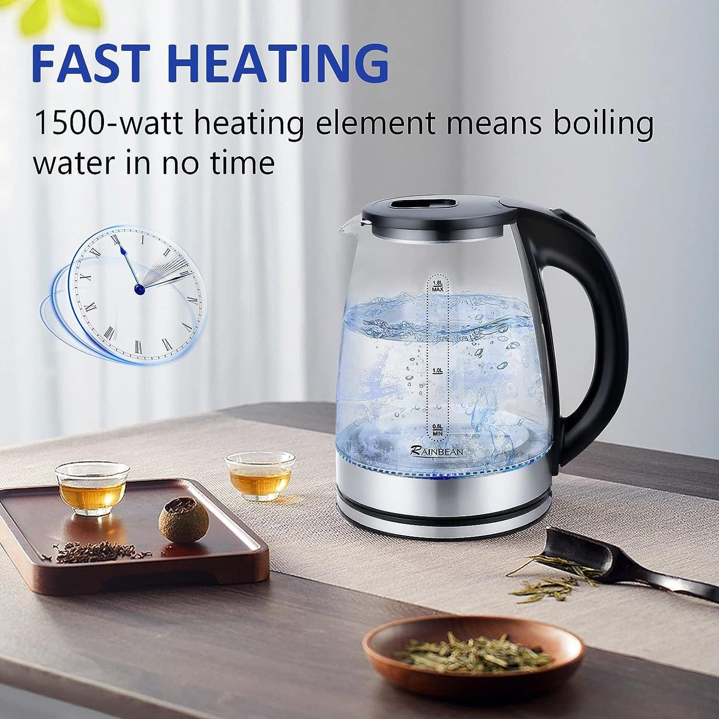 1.8L Electric Glass Kettle with LED & Auto Shut-Off