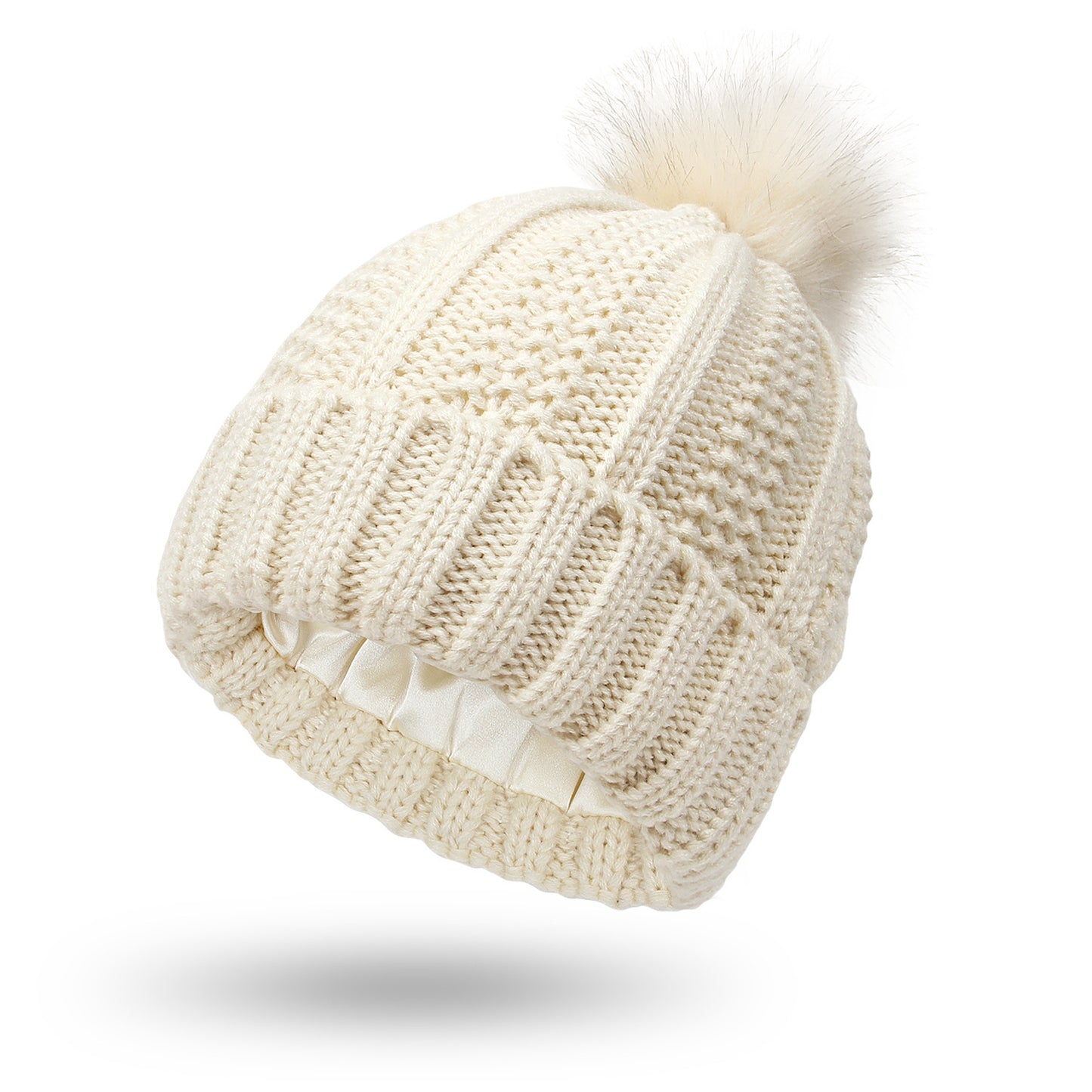 Women’s Satin-Lined Knit Beanie with Faux Fur Pom Pom