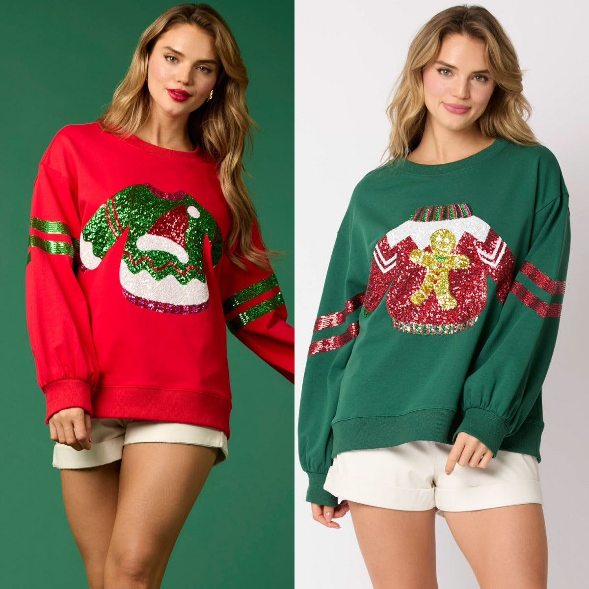 Women’s Christmas Sequined Round Neck Sweatshirt
