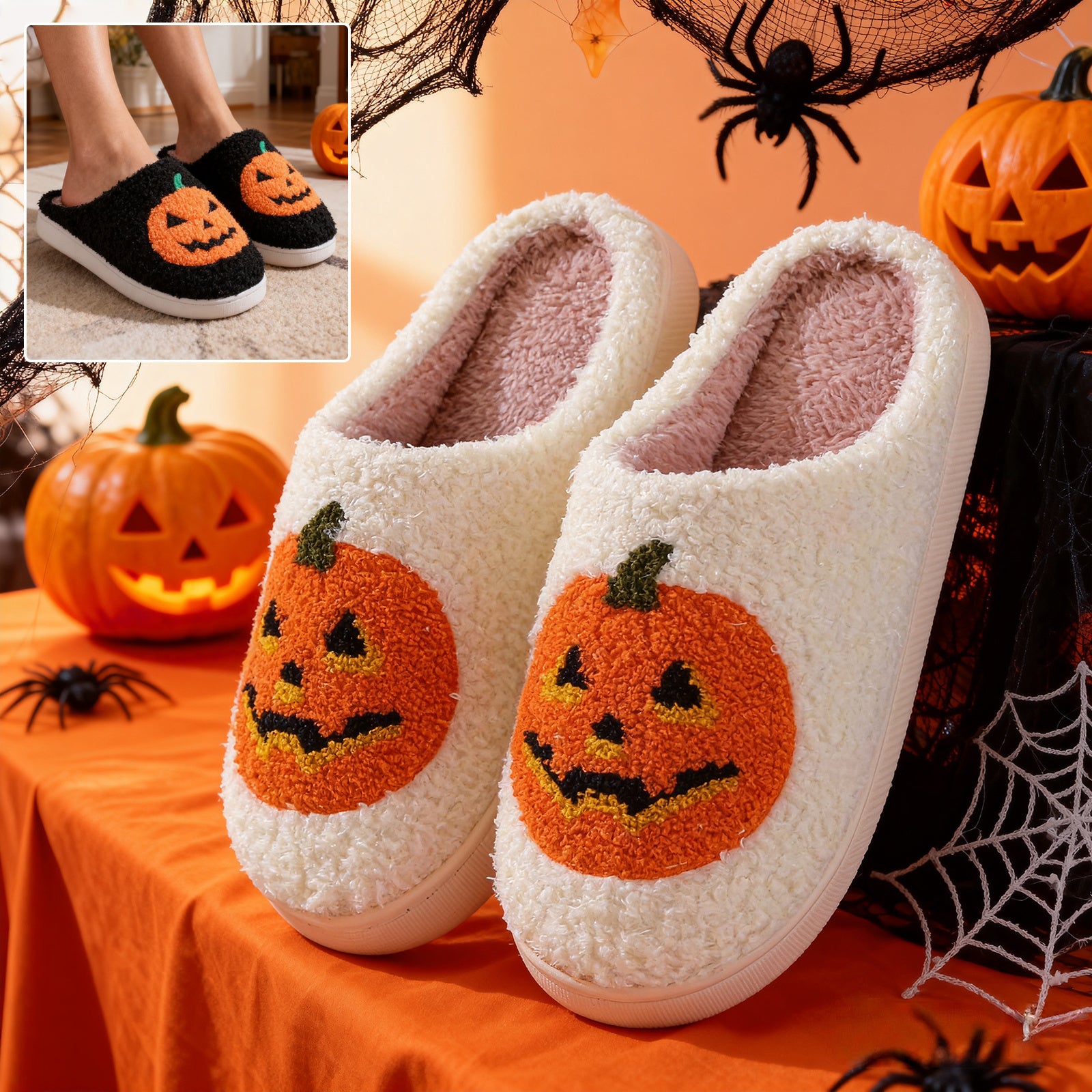 Halloween Pumpkin Warm Slippers – Cozy Indoor Shoes for Couples