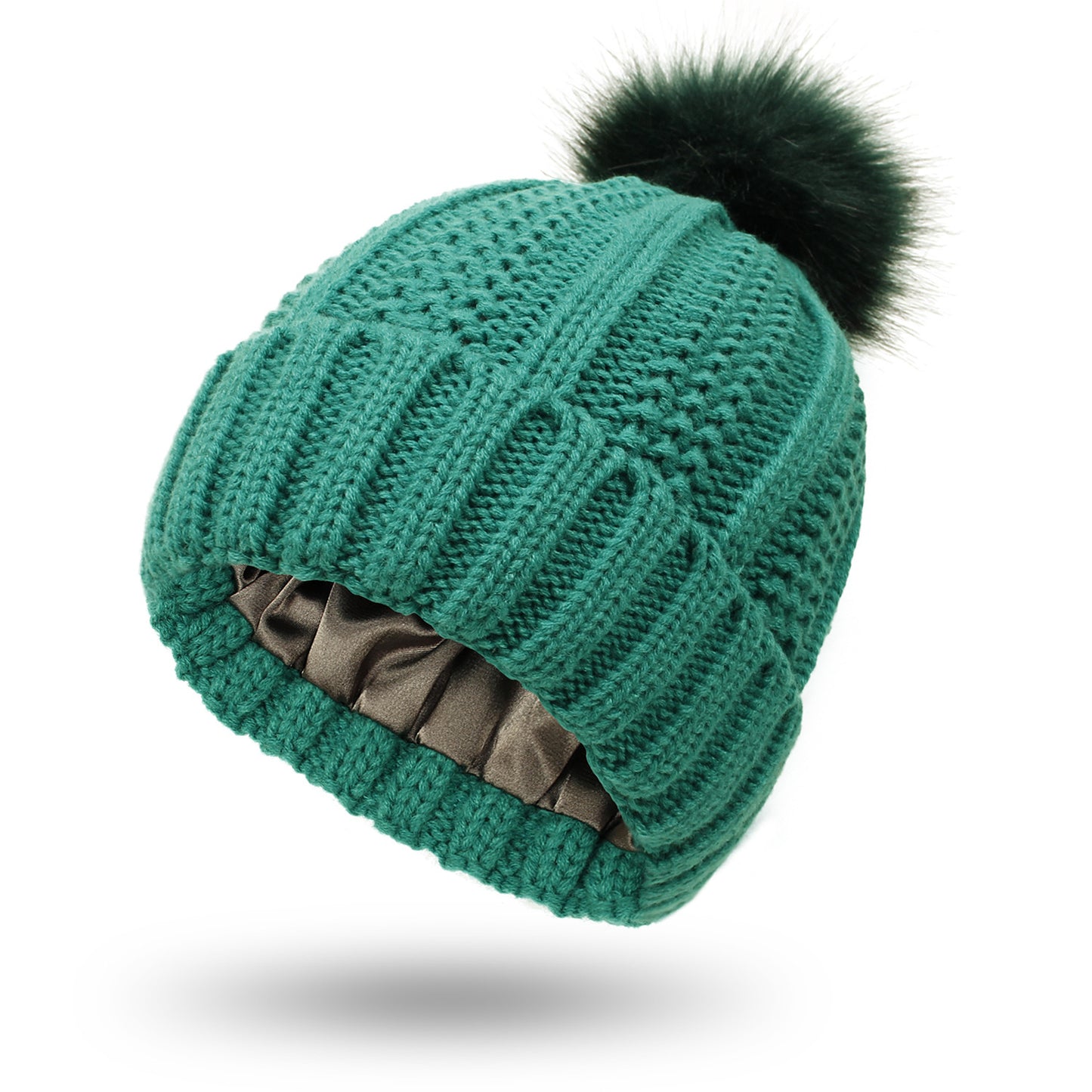 Women’s Satin-Lined Knit Beanie with Faux Fur Pom Pom