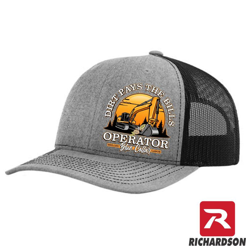Richardson 112 Dirt Pays the Bills Operator Blue Collar Series Snapback Hat - Structured Mid-Pro Profile with Orange Mesh Back & Adjustable Plastic Snapback
