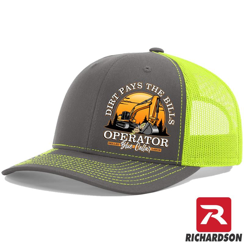 Richardson 112 Dirt Pays the Bills Operator Blue Collar Series Snapback Hat - Structured Mid-Pro Profile with Orange Mesh Back & Adjustable Plastic Snapback