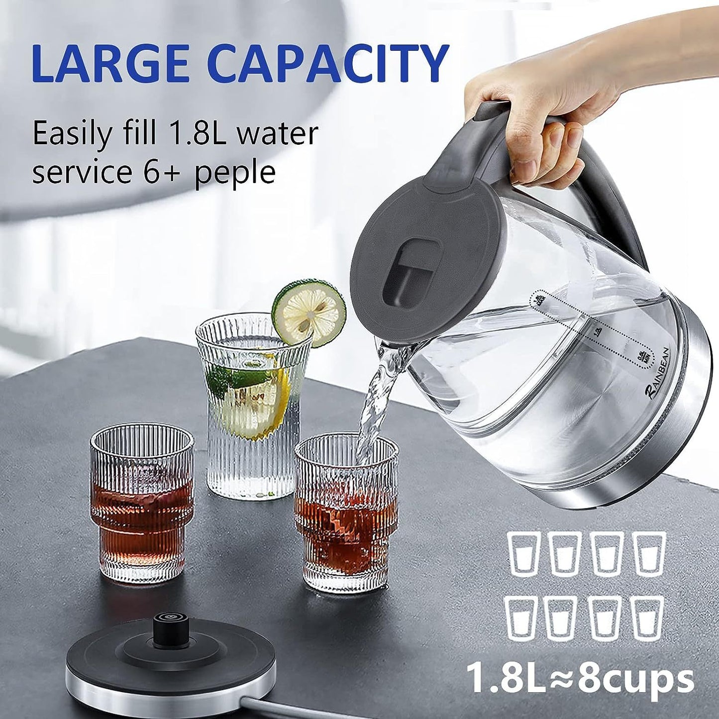 1.8L Electric Glass Kettle with LED & Auto Shut-Off