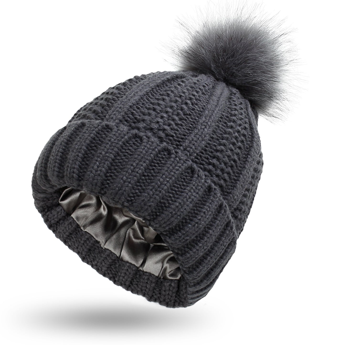 Women’s Satin-Lined Knit Beanie with Faux Fur Pom Pom