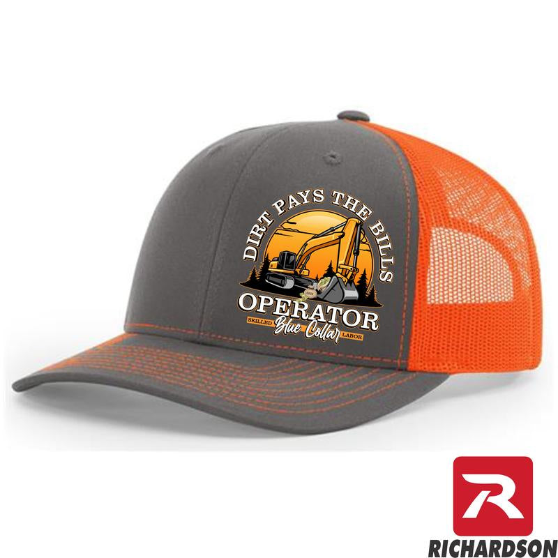 Richardson 112 Dirt Pays the Bills Operator Blue Collar Series Snapback Hat - Structured Mid-Pro Profile with Orange Mesh Back & Adjustable Plastic Snapback