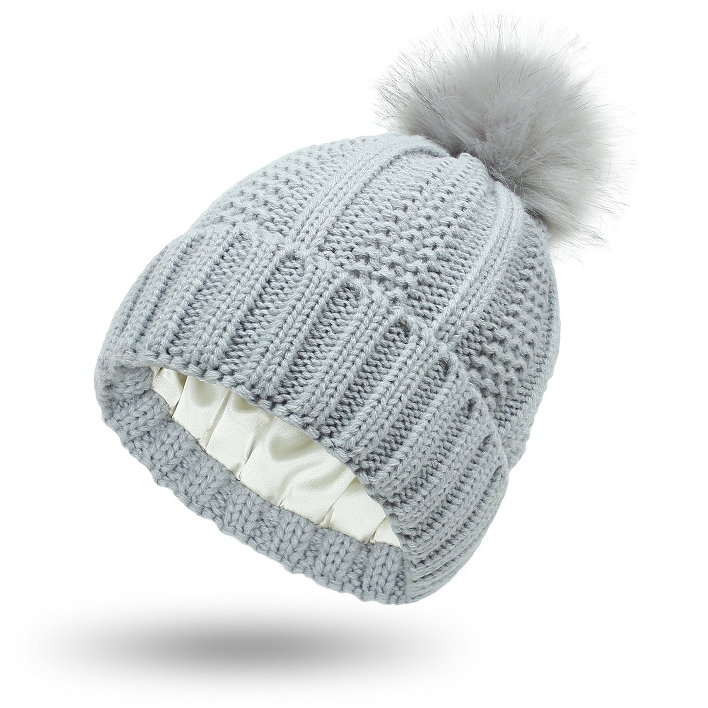 Women’s Satin-Lined Knit Beanie with Faux Fur Pom Pom