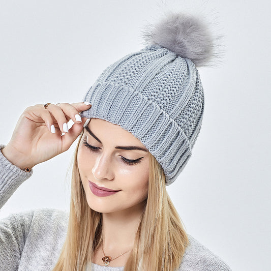 Women’s Satin-Lined Knit Beanie with Faux Fur Pom Pom