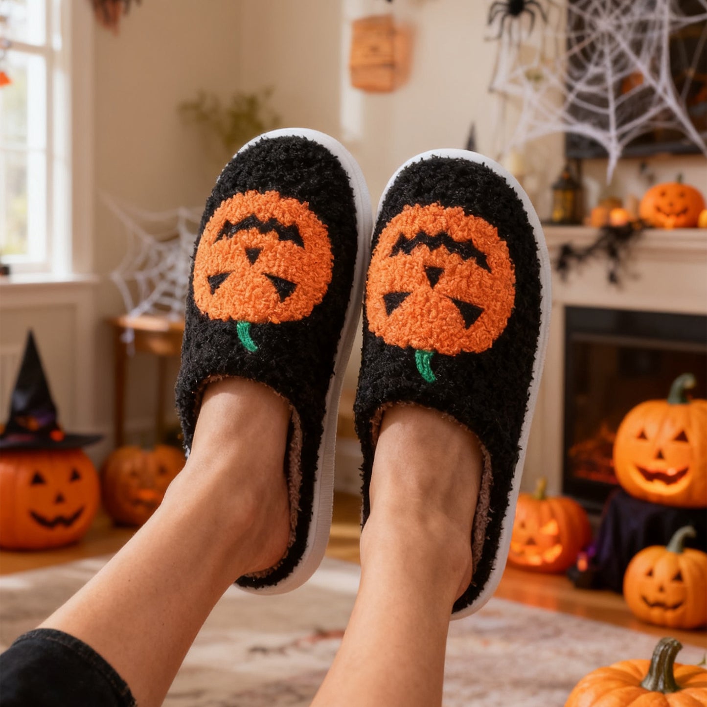 Halloween Pumpkin Warm Slippers – Cozy Indoor Shoes for Couples