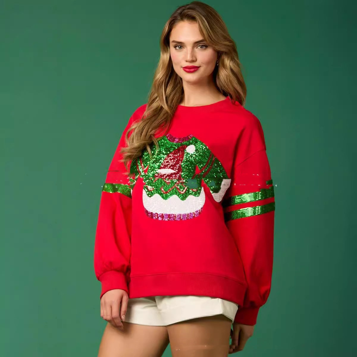 Women’s Christmas Sequined Round Neck Sweatshirt