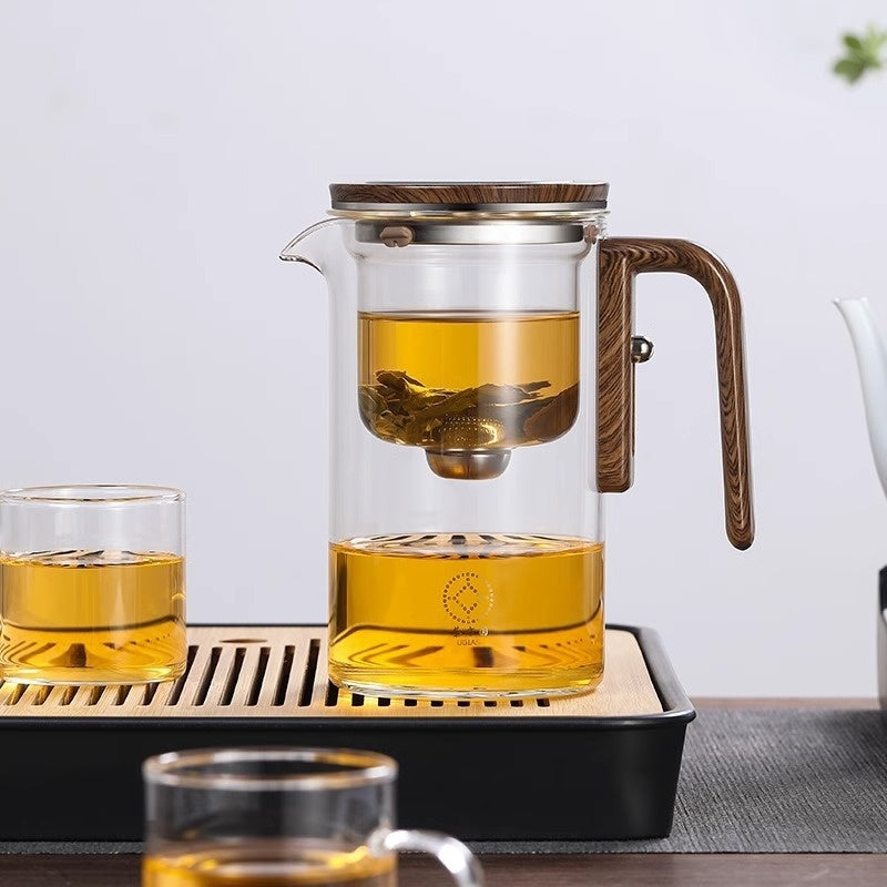 Magnetic Glass Teapot with One-Click Filtration & Wood Handle