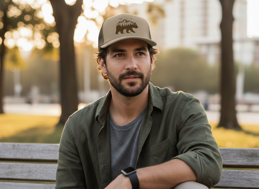 Men’s Mountain Bear Trucker Hat – Khaki/Brown