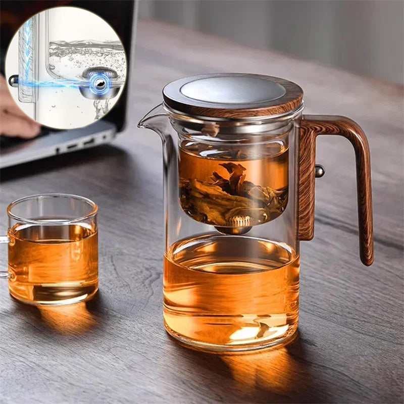 Magnetic Glass Teapot with One-Click Filtration & Wood Handle