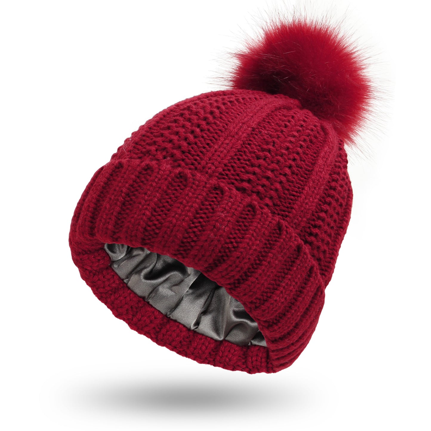 Women’s Satin-Lined Knit Beanie with Faux Fur Pom Pom