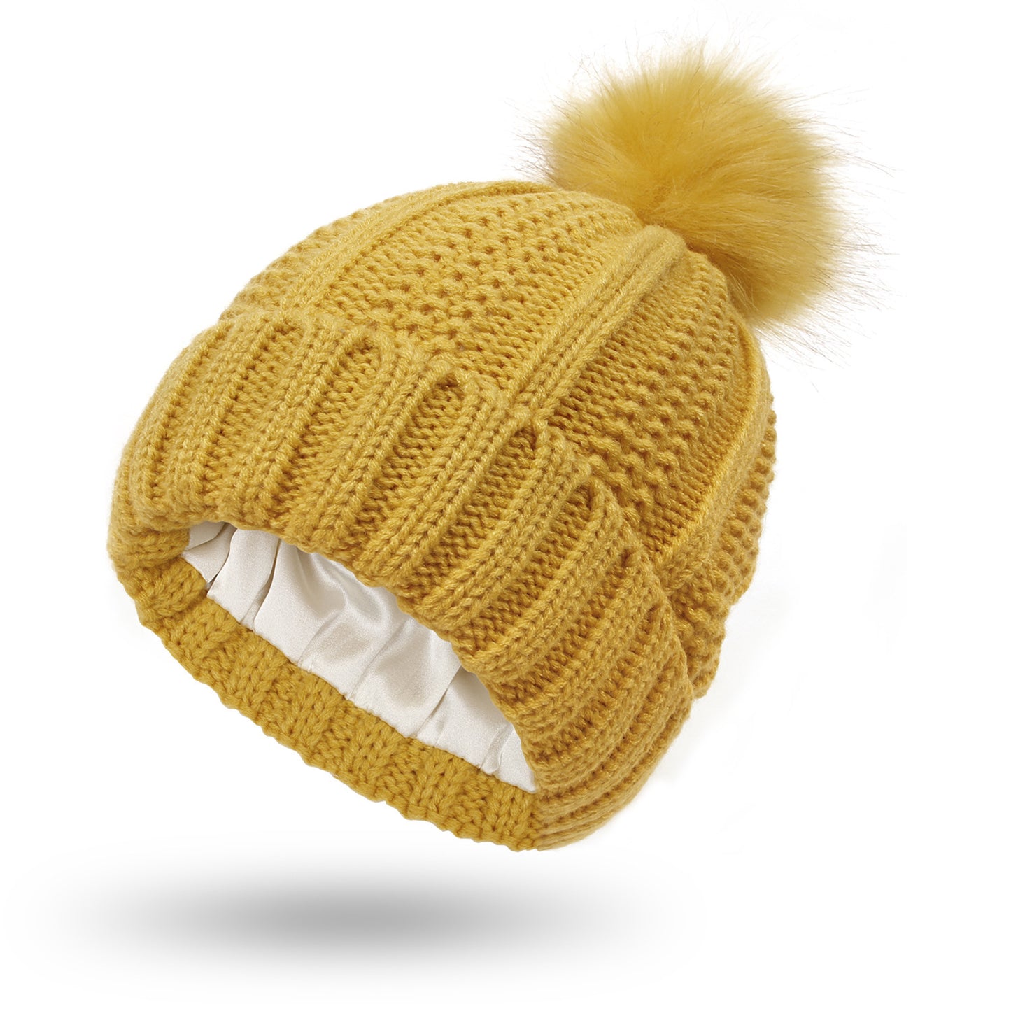 Women’s Satin-Lined Knit Beanie with Faux Fur Pom Pom