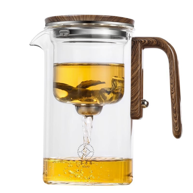 Magnetic Glass Teapot with One-Click Filtration & Wood Handle