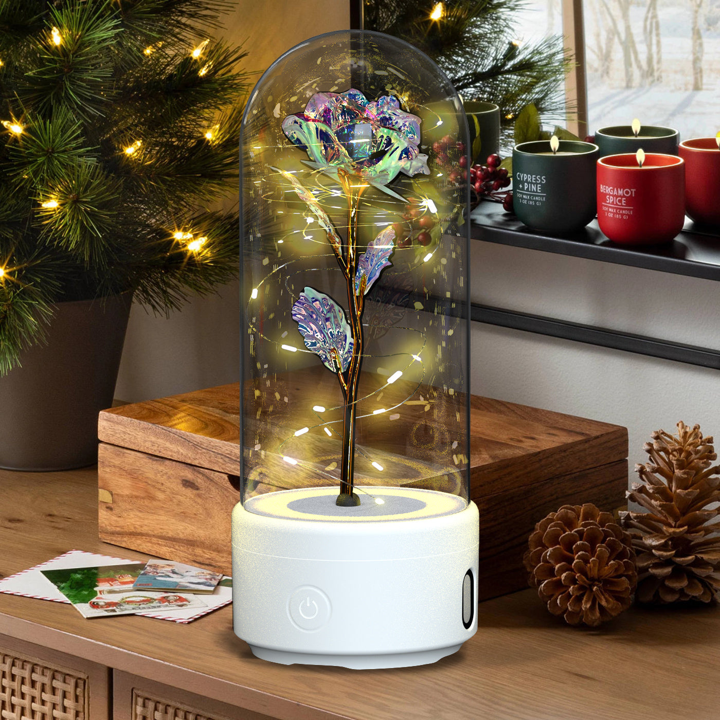 2-in-1 Rose LED Light & Bluetooth Speaker in Glass Cover