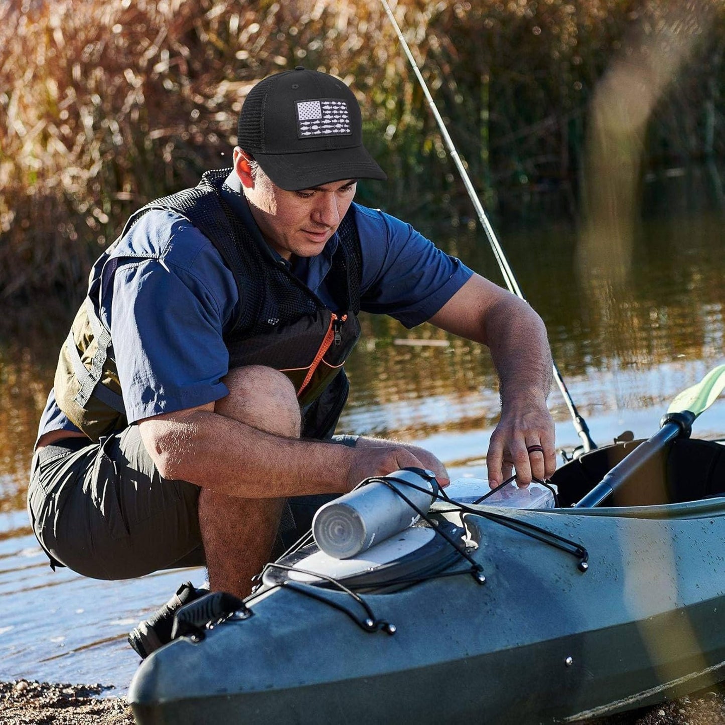 American Fish Flag Trucker Hat, Fishing Gifts for Men, Snapback Fishing Hat Perfect for Fishing and Daily Use