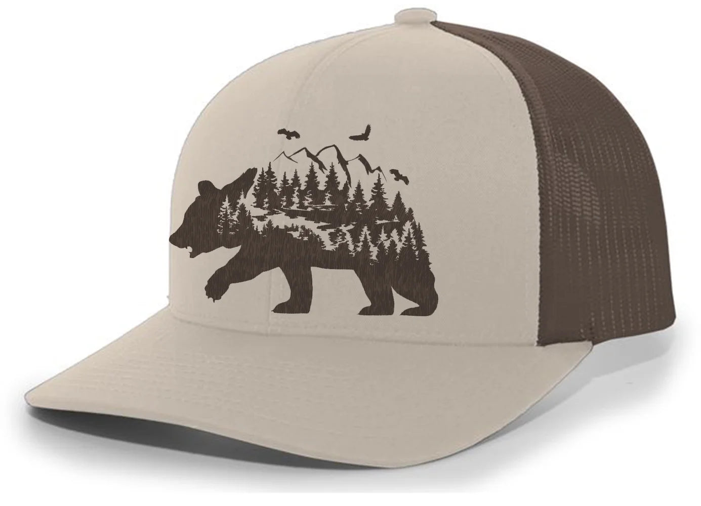 Mens Trucker Hat Embroidered Mountain Bear Outdoor Hat Baseball Cap-Khaki/Brown