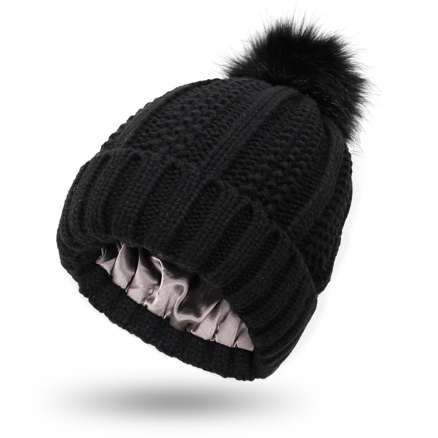 Women’s Satin-Lined Knit Beanie with Faux Fur Pom Pom