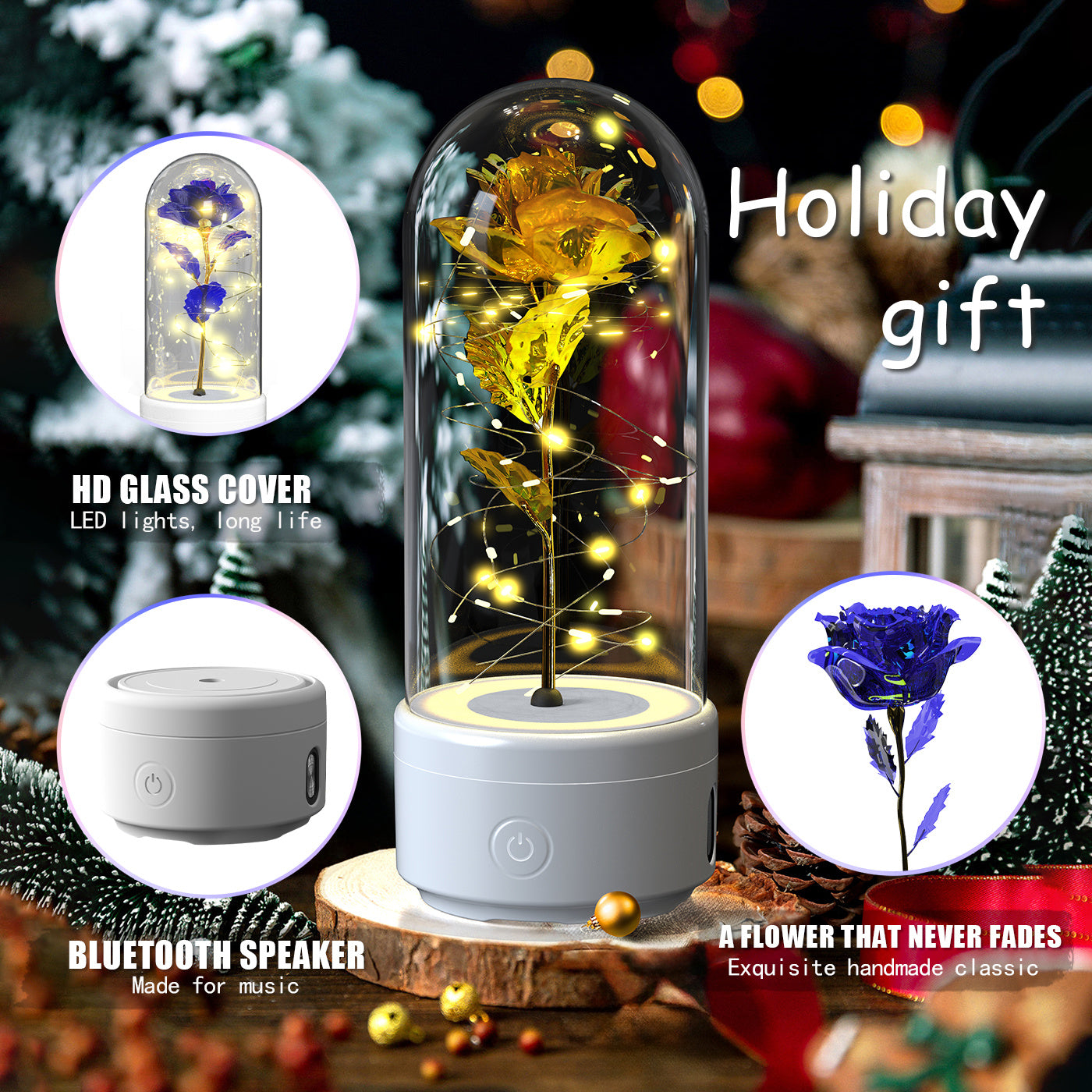 2-in-1 Rose LED Light & Bluetooth Speaker in Glass Cover