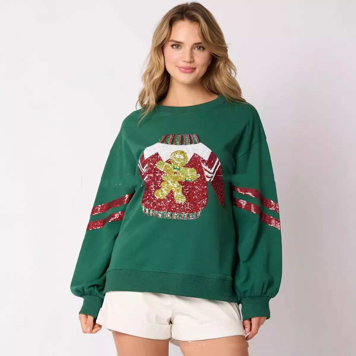 Women’s Christmas Sequined Round Neck Sweatshirt